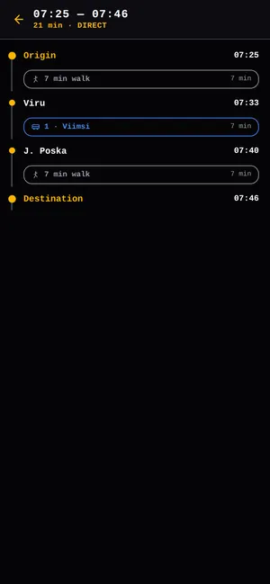 Trip detail: 7 minute walk, bus 1 from Viru to J. Poska, then a 7 minute walk