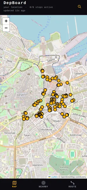 Map tab with amber stop markers over central Tallinn