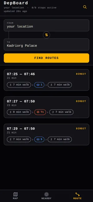 Route planner showing three direct options from your location to Kadriorg Palace by bus 1, tram T1 and bus 5