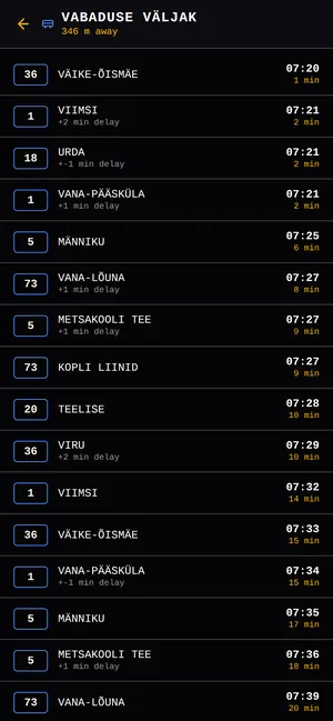 Stop schedule for Vabaduse väljak listing lines 36, 1, 18 and 5 with times and delays